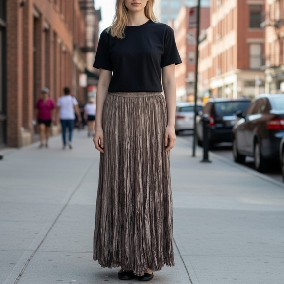 Dresses & Skirts - Cami International Silk Crinkled Broom Skirt Medium Maxi Length Taupe Neutral